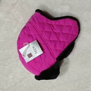 New Swiss tech pink ear flap hat black faux fur lined kids